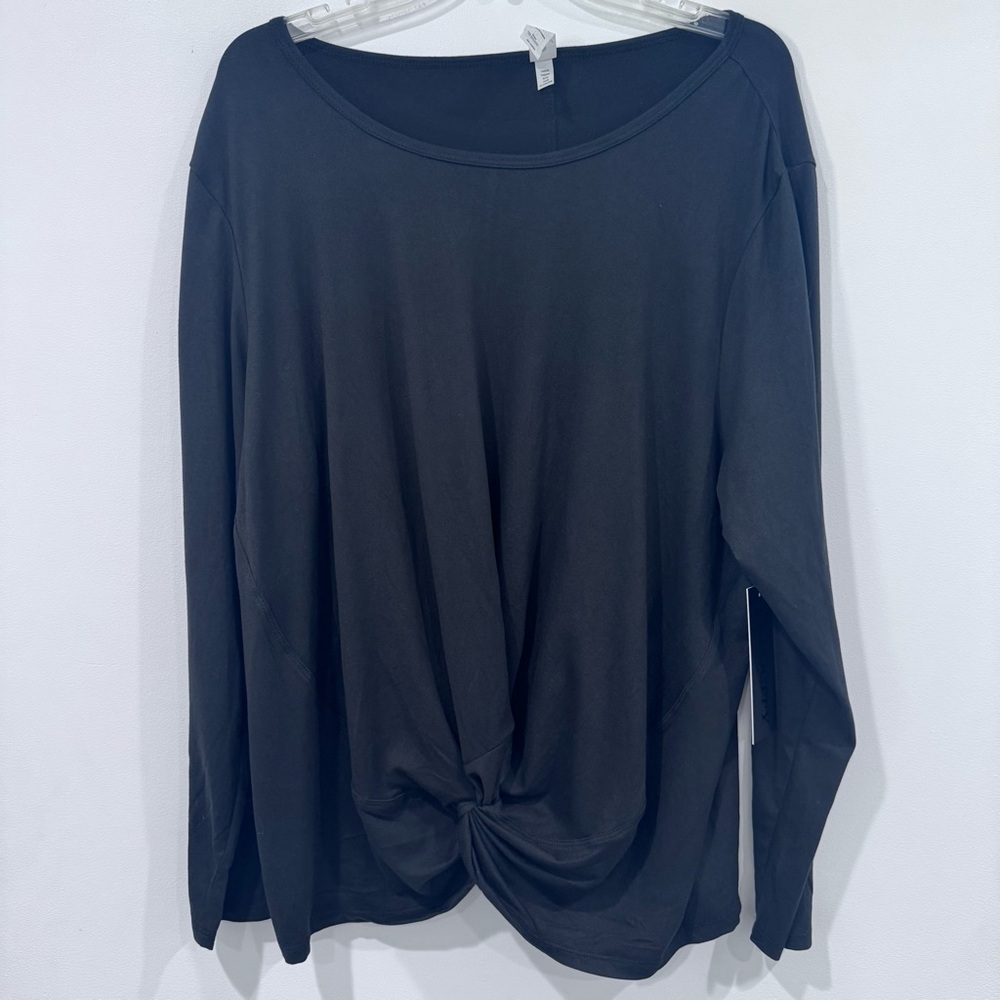 Women’s Black Long Sleeve Twist Front Top 1X Soft Stretchy Athletic Activewear